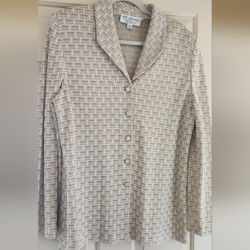 St. John Collection Cream Patterned Button-Down Top with Square Buttons